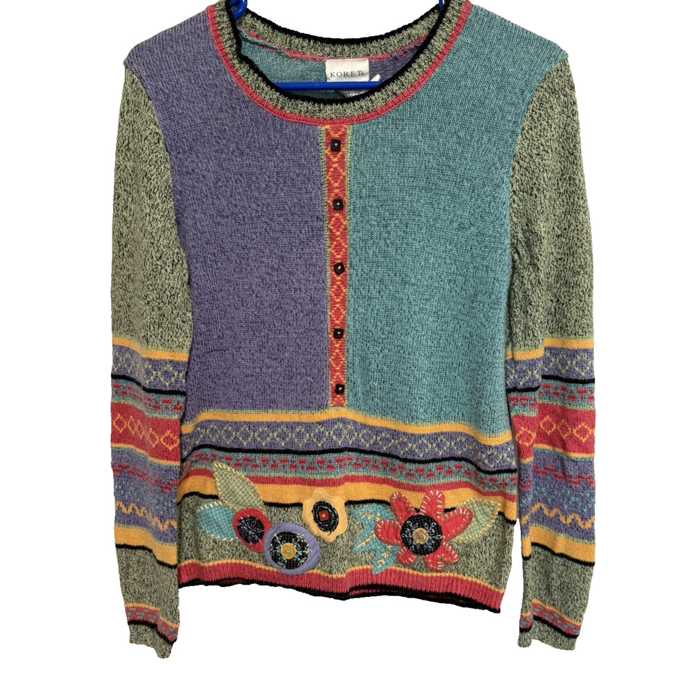 Vtg Koret Sweater Colorblock Geometeric Floral Y2K Pullover 80s 90s Dolman S